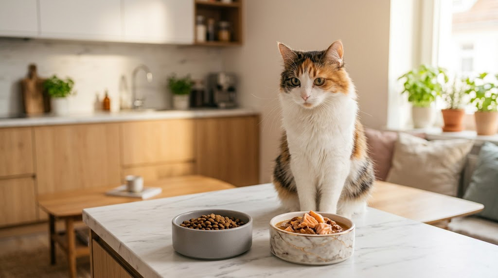 Cat choosing between budget and premium cat food, cost vs quality guide by FAMMO