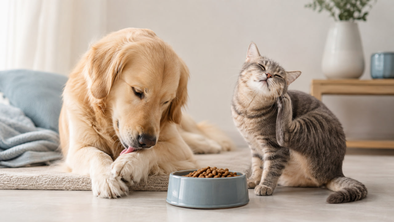 Dog licking its paw and cat scratching near a food bowl, showing possible food-allergy signs