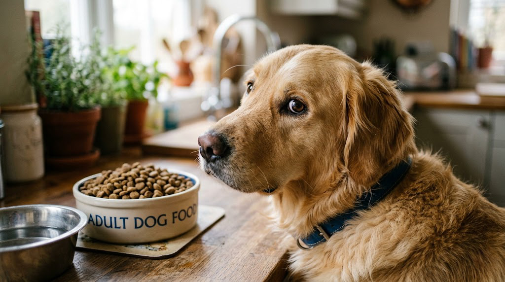 Golden Retriever sitting beside a full bowl of dog food