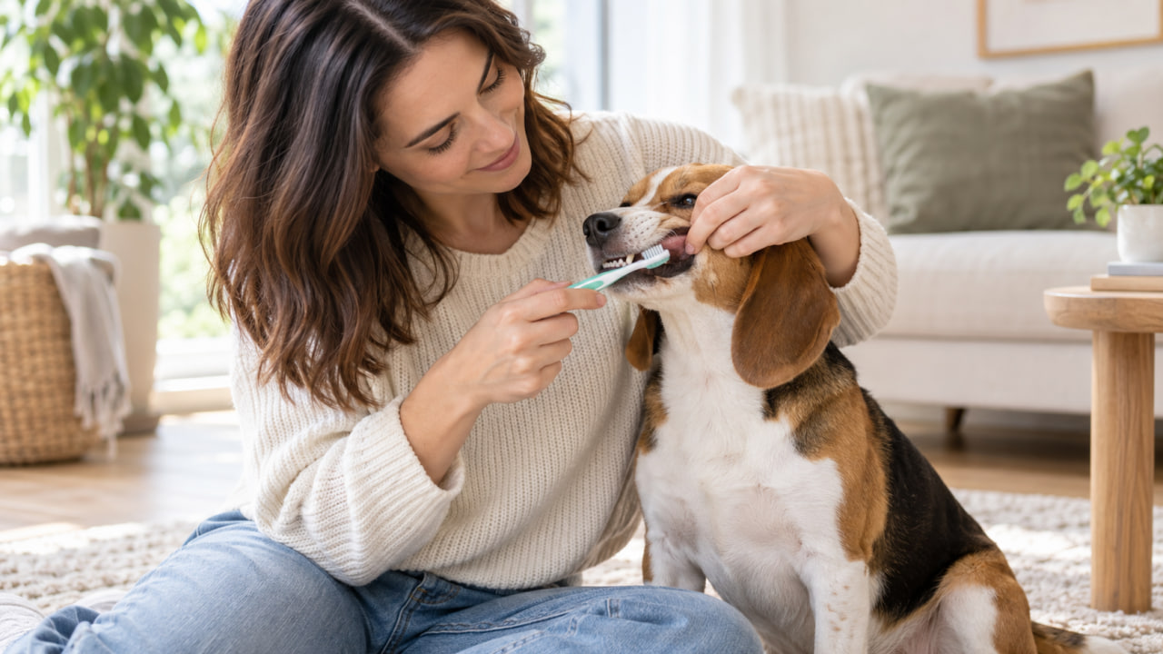 Pet owner brushing a beagle dog’s teeth at home in a calm and comfortable setting.