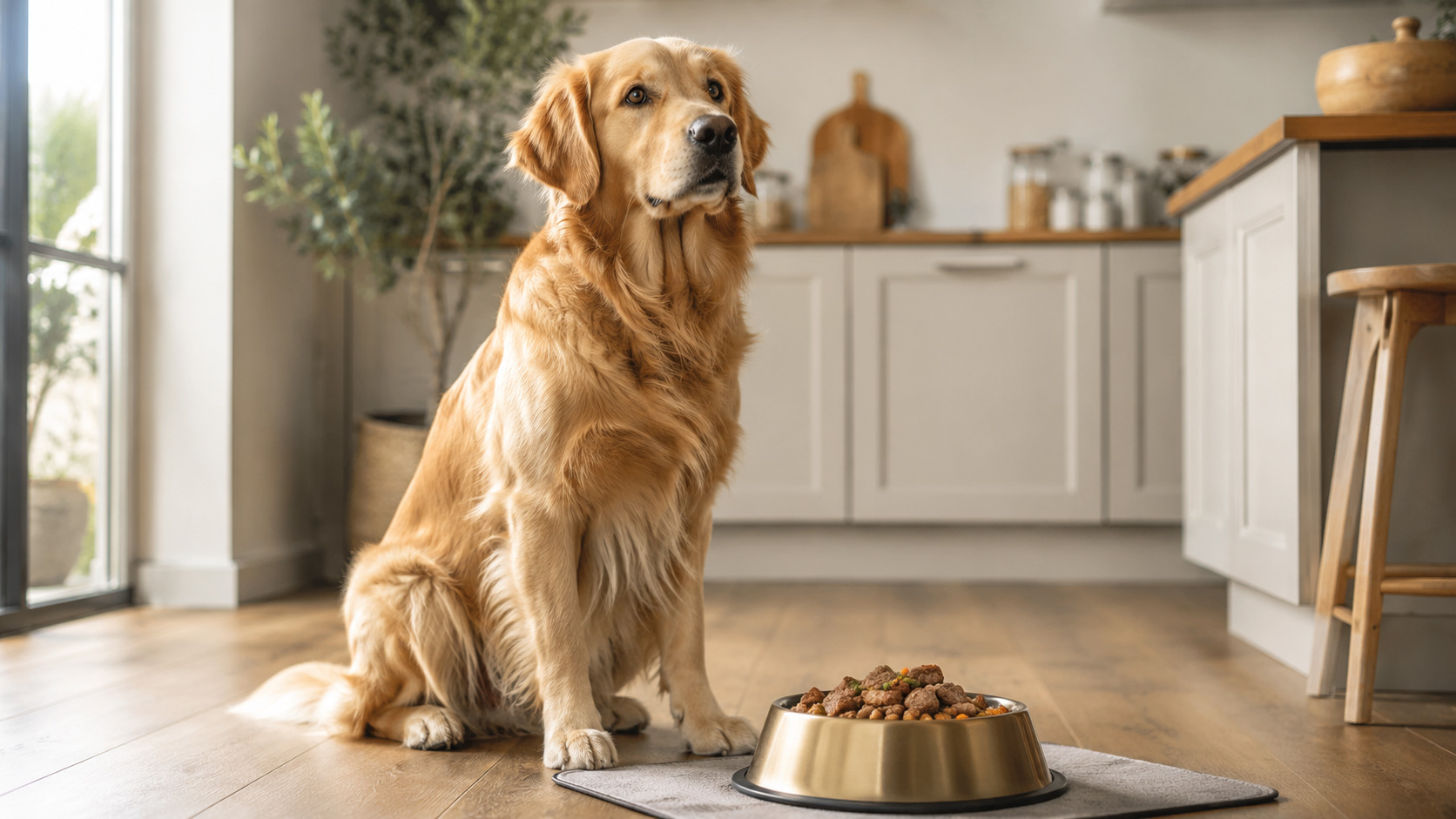 Golden Retriever sitting beside a premium dog food bowl in a modern European kitchen — cover image for best dog food brands in Europe 2026