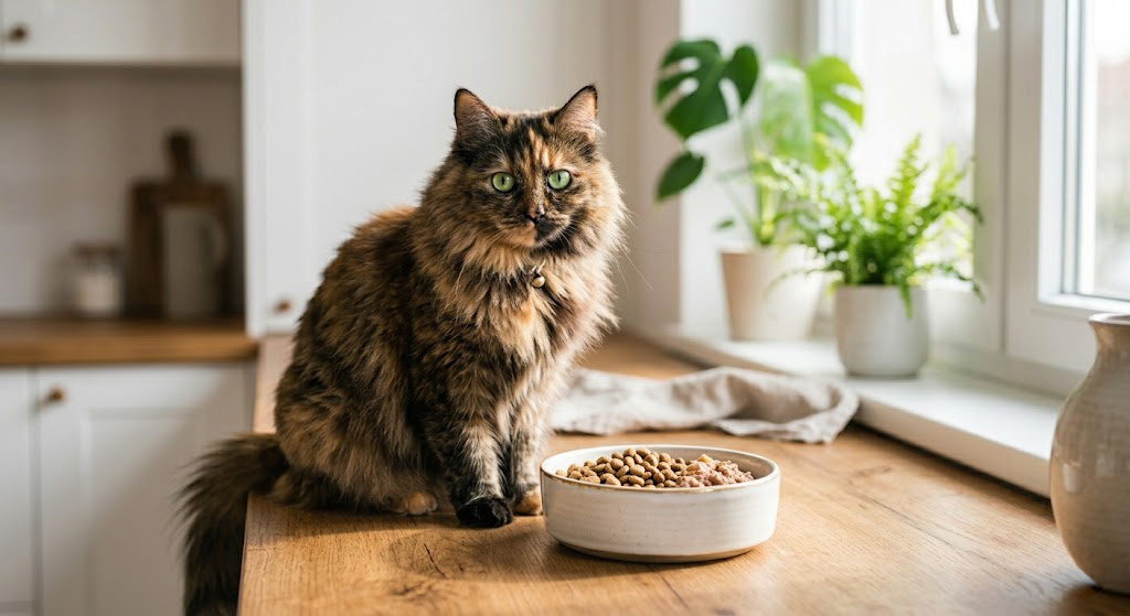 A healthy fluffy cat sitting next to a bowl of grain-free cat food  in a modern European kitchen, representing the best grain-free cat  food options in Europe for 2026