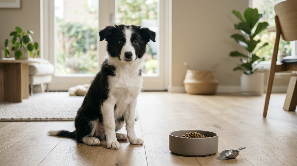 Border Collie puppy beside a measured bowl of complete puppy food in a modern European home