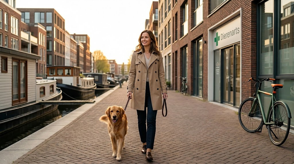 Expat pet owner walking a dog near a veterinary clinic in Amsterdam