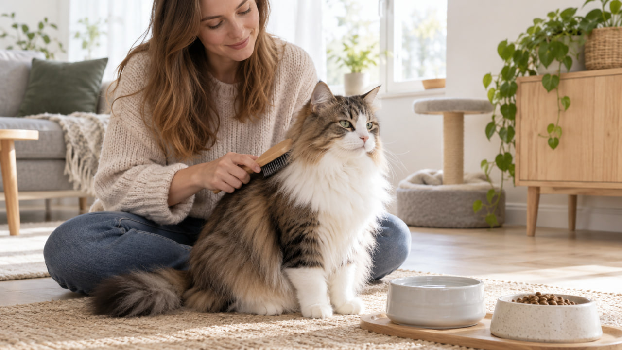 Cat owner gently brushing a long-haired cat beside fresh water and food bowls as part of a practical hairball prevention routine.