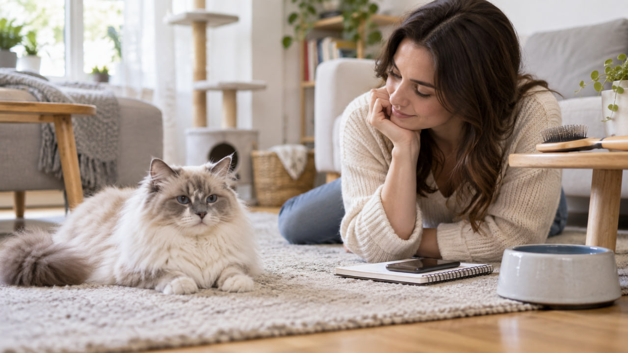 Cat owner monitoring a long-haired cat at home with a water bowl, grooming brush, and health notes nearby.