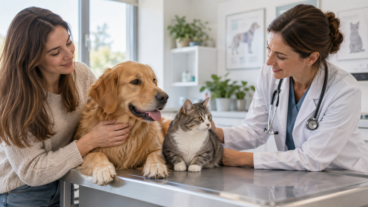 Dog and cat during a veterinary consultation about spaying and neutering