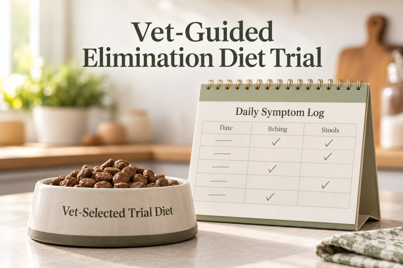 Dog food bowl beside a daily symptom log for a vet-guided elimination diet trial.