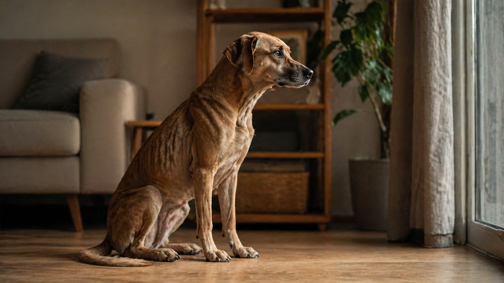 A dog showing early signs of weight loss in a home environment