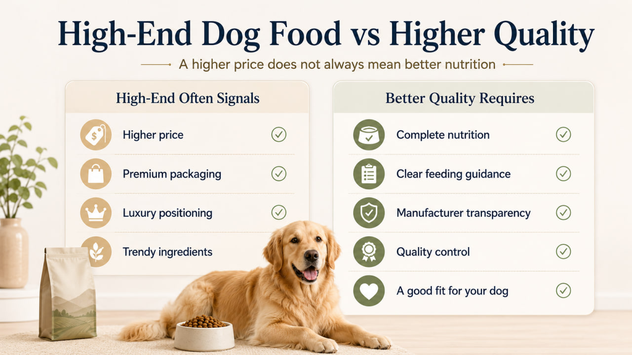 Comparison graphic showing the difference between high-end dog food and higher-quality dog food based on nutrition, transparency, and quality control.