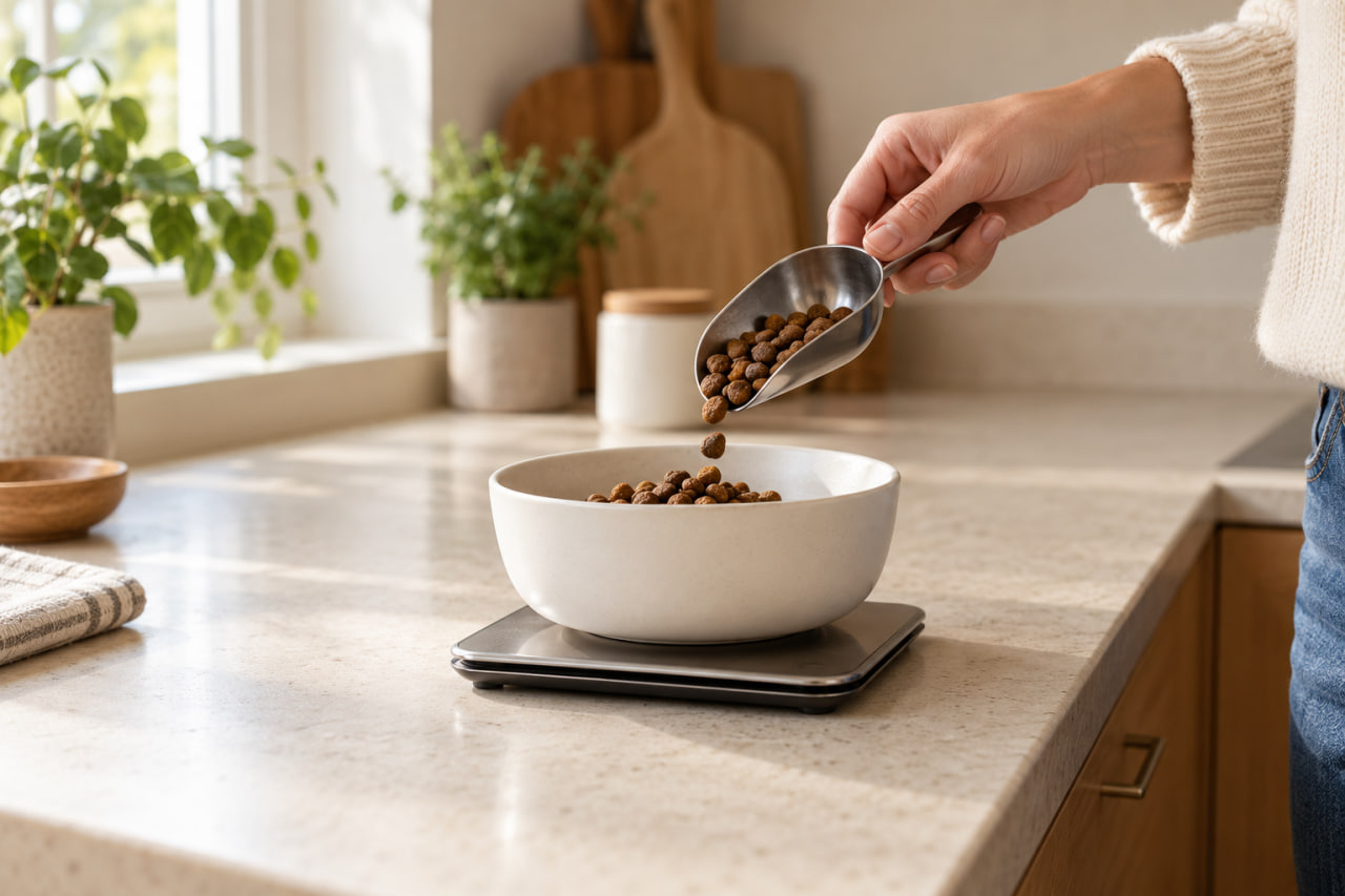 A person adding dry pet food to a ceramic bowl on a kitchen scale to measure the portion.