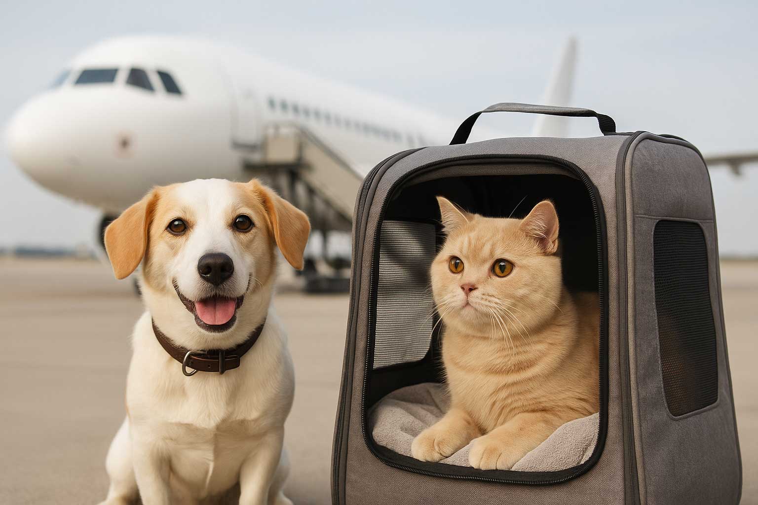 Dog and cat in a soft travel carrier at the airport, prepared for stress-free pet travel in Europe