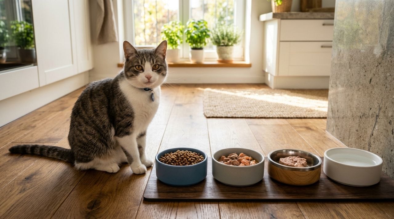 Premium cat food brands in Europe served to a healthy shorthair cat.