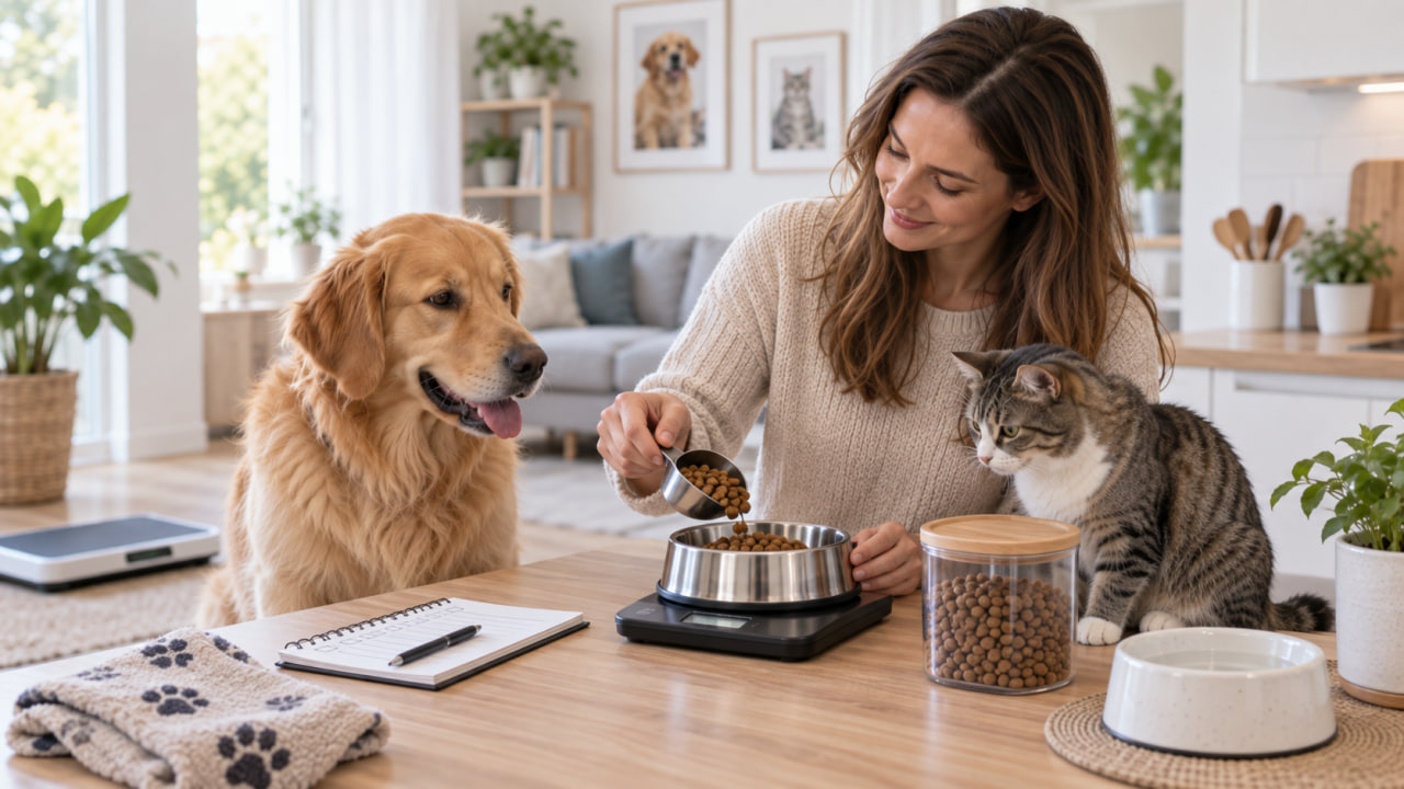 Dog and cat with measured food portions and weight monitoring after neutering