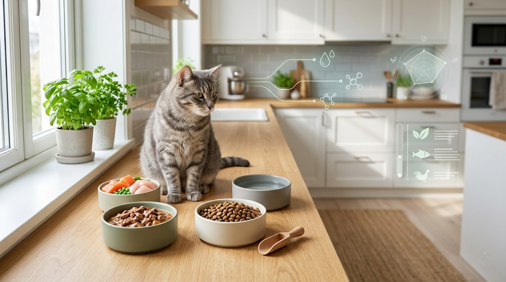 Healthy cat beside premium wet and dry cat food bowls in a modern kitchen, representing premium cat food comparison in Europe