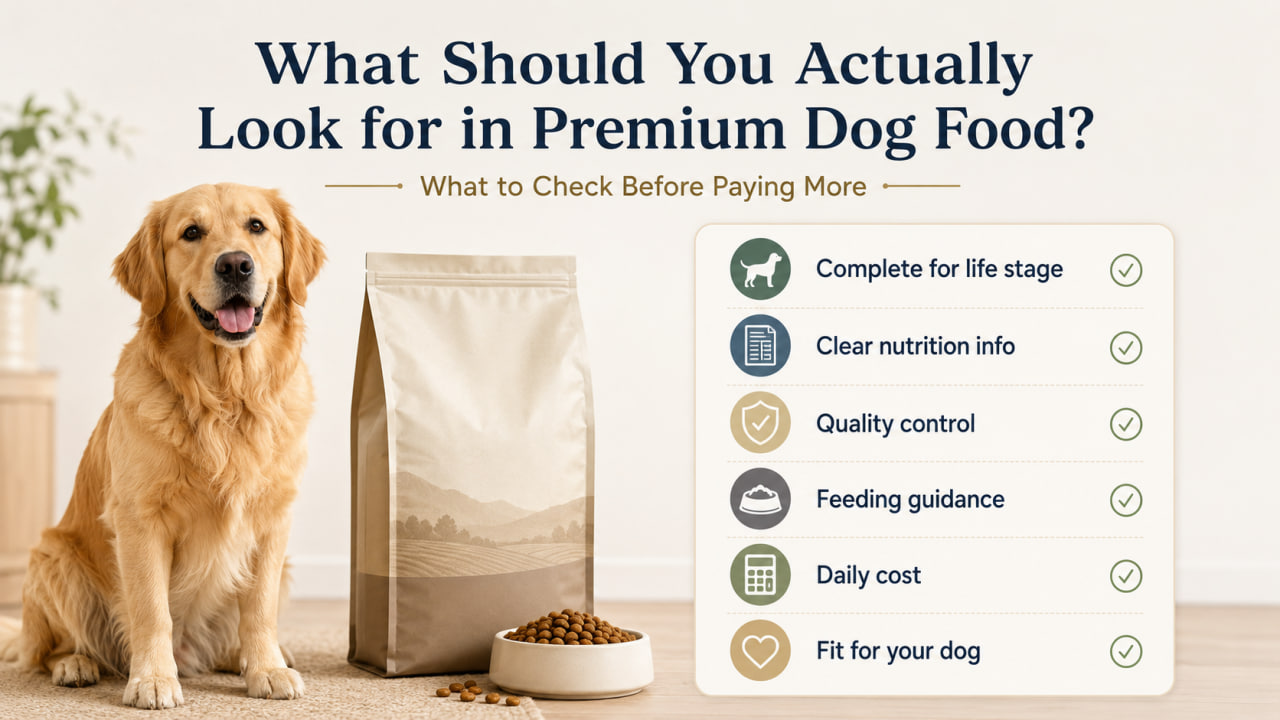 Checklist for evaluating premium dog food based on nutrition, quality control, feeding guidance, daily cost, and individual suitability.