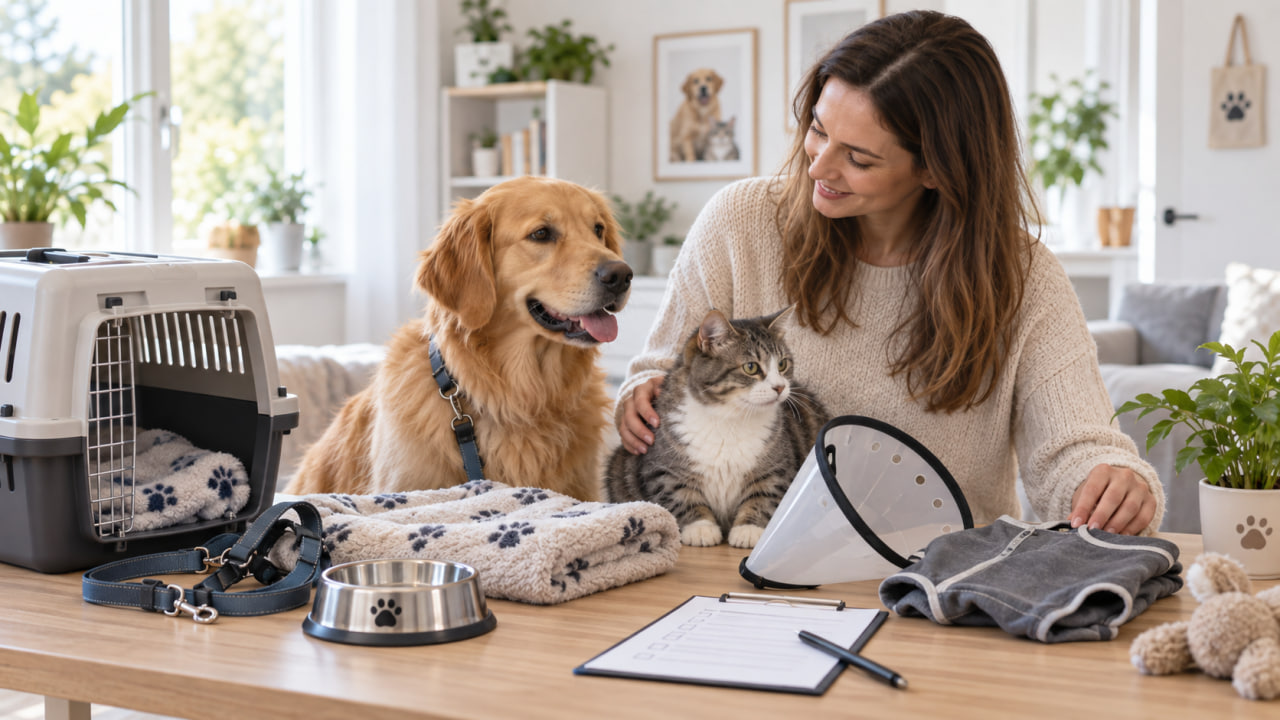 Dog and cat with recovery supplies prepared before spay or neuter surgery