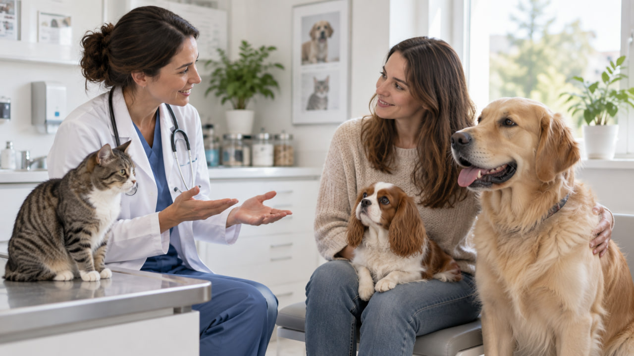 Veterinarian discussing spay and neuter timing for a cat and dogs of different sizes