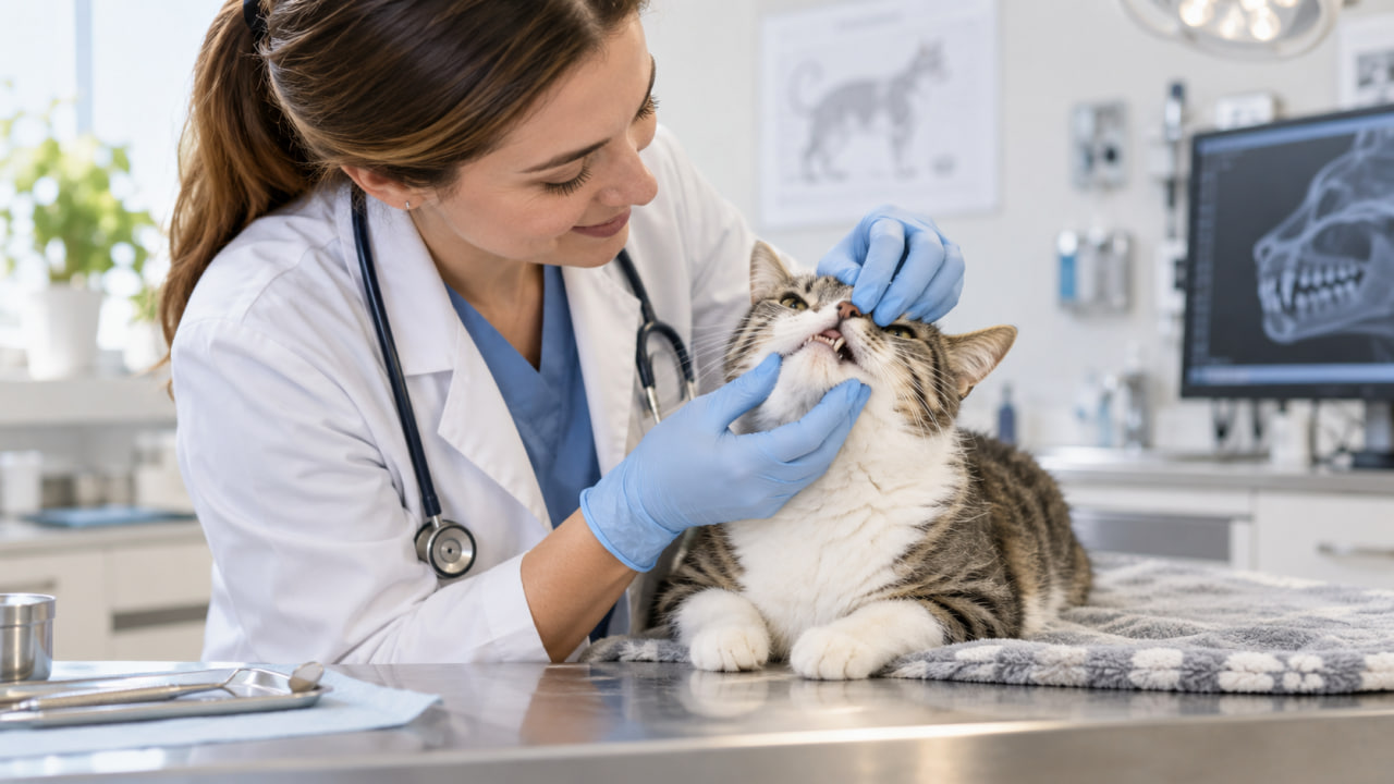 Veterinarian examining a cat’s teeth during a dental checkup at a clinic.