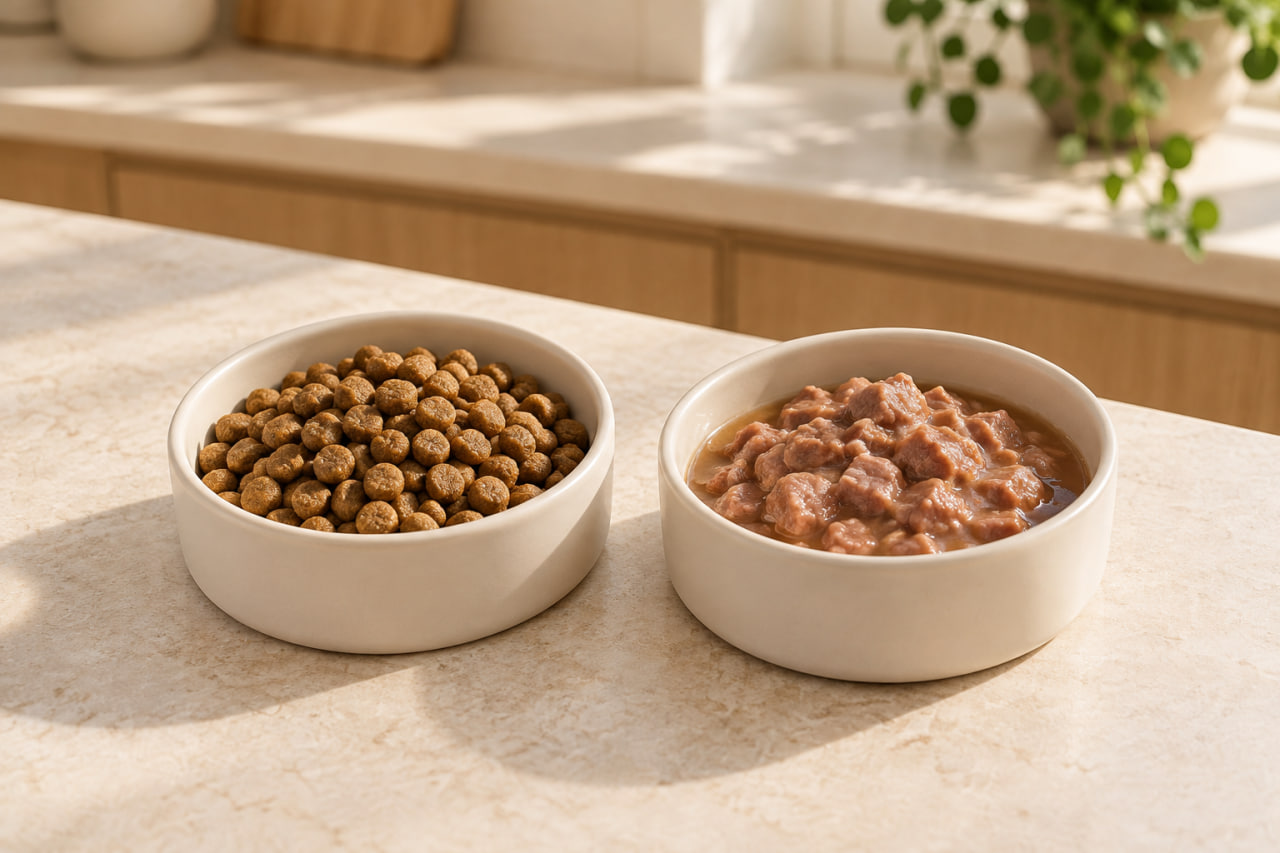 Dry kibble and wet pet food in separate ceramic bowls on a light kitchen countertop.