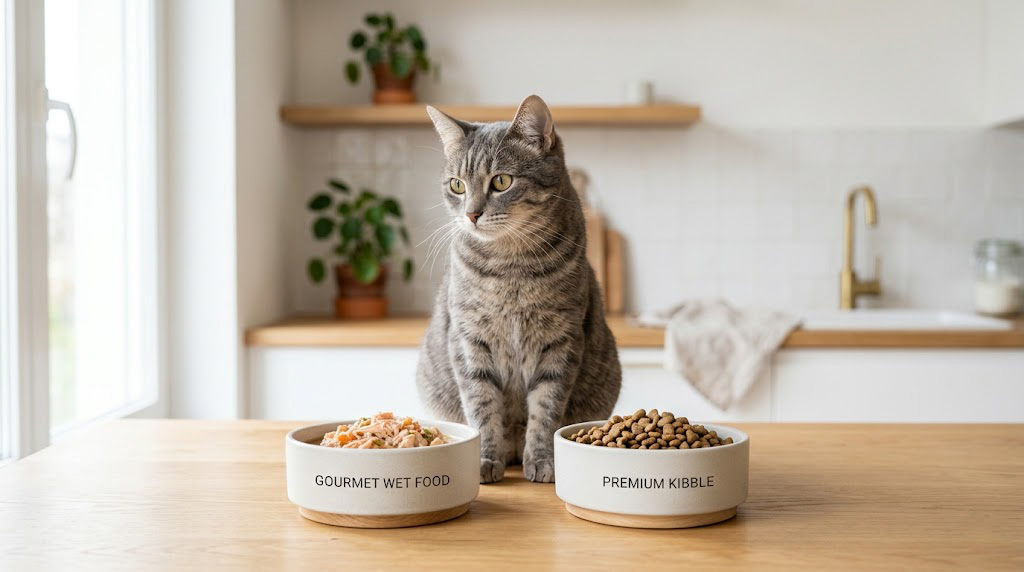 Two bowls containing wet cat food and dry kibble on a kitchen counter