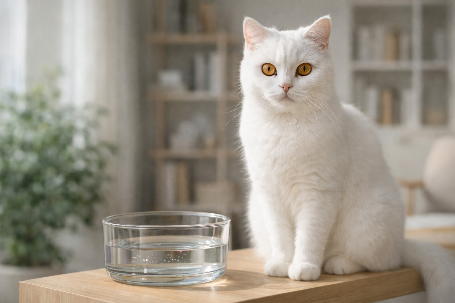 An elegant all-white Scottish Straight Shorthair cat sitting next to a measured glass water bowl in a modern, sunlit home, symbolizing feline hydration monitoring and preventive health.