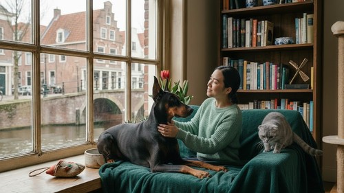 Woman petting a Doberman beside a grey cat on a cushioned bench by a window overlooking a canal.