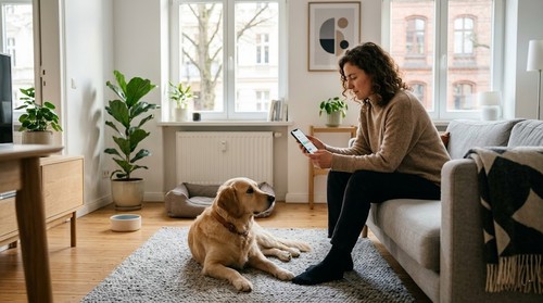 Pet owner using a digital pet nutrition profile before a vet visit