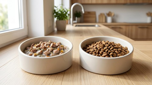 Wet cat food and dry cat kibble in two bowls on a kitchen counter