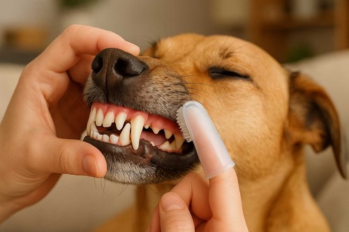 Dog having its teeth brushed with a finger toothbrush during at-home dental care.