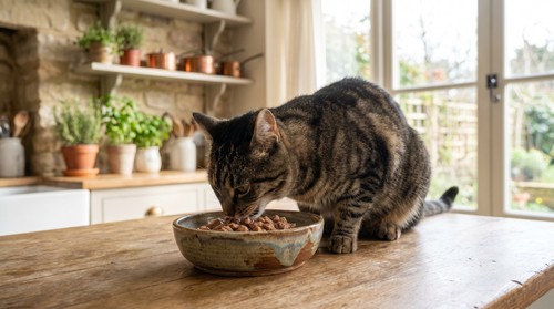 A healthy cat eating grain-free wet cat food from a ceramic bowl in a modern European home