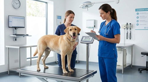 healthy dog being weighed at veterinary clinic during nutrition assessment