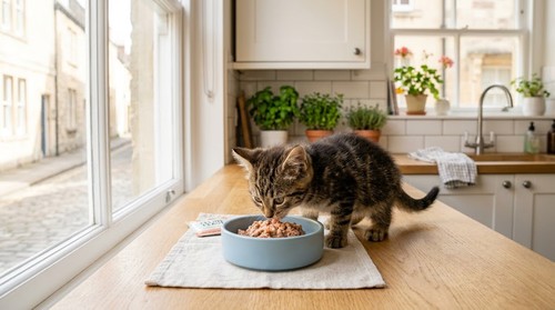 young kitten eating wet food from bowl 