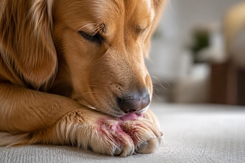 Golden retriever licking a reddened front paw.