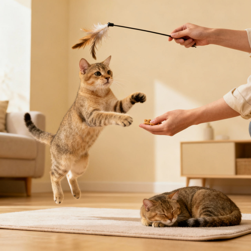 Two indoor tabby cats, one jumping toward a feather wand held by a person and the other resting on a rug.