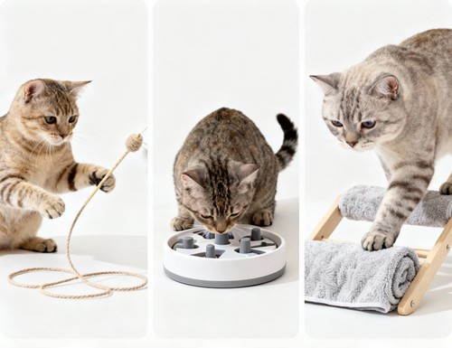 Three cats demonstrating indoor activities: playing with a rope toy, using a puzzle feeder, and walking down carpeted pet steps.