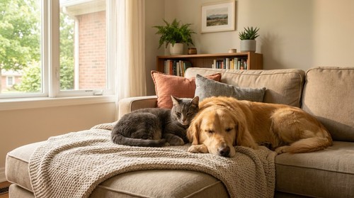 Grey cat and golden retriever resting side by side on a blanket-covered sofa in a sunlit living room.